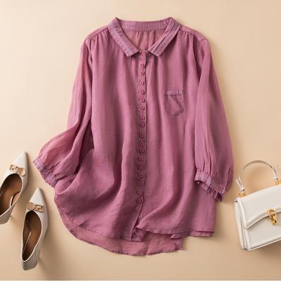 Letni top damski cienka bawełniana lniana bluzka Retro luźna koszula w jednolitym kolorze