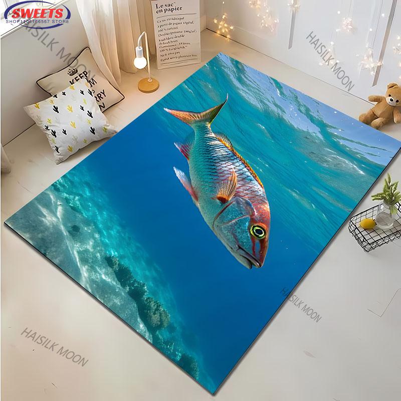 3D Deep Sea Fish Theme Carpet New Release! Rug for Living Rooms Bedrooms, Office Areas, Durable Machines Washable all season Mat