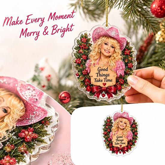Unique Festival Gift Ideas Dolly Christmas Ornament, 2D Acrylic Collectible Hanging Decor, Memorial Country Pink Western Style Decorations Music Theme