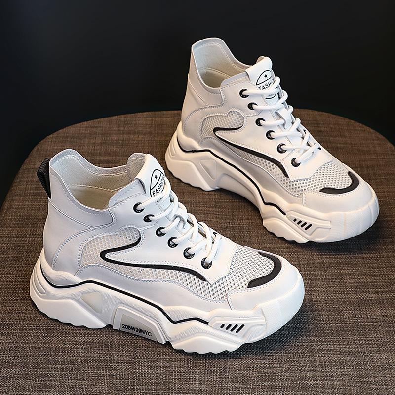 2026 summer thickness increase breathable mesh leather ins high-top casual dad shoes women hollow mesh