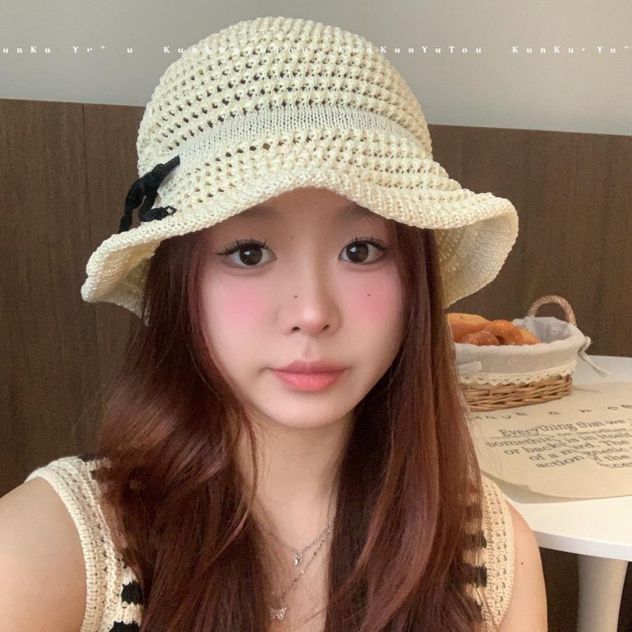 Sweet bow hollow crimped straw hat versatile face small holiday wind beach bucket hat