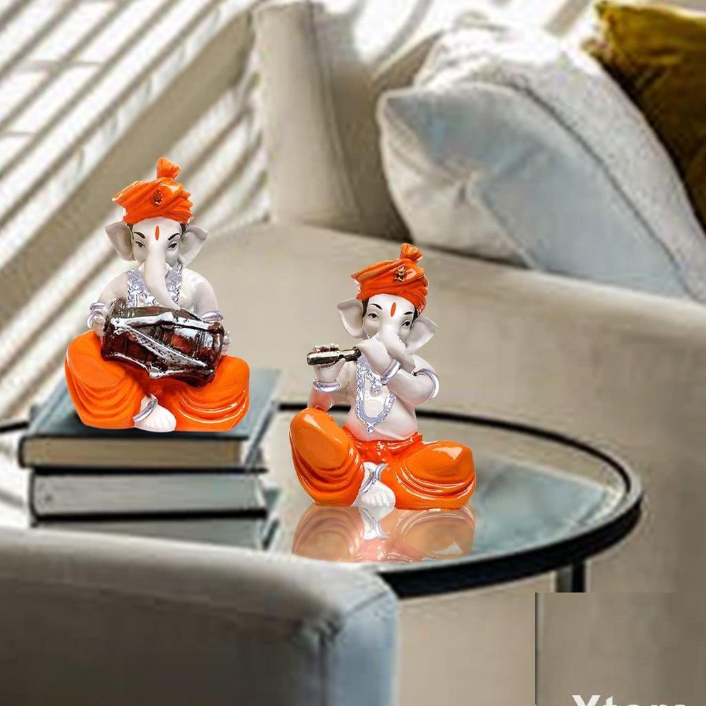 Musical Ganesha Pair for Home Decor | Brings Prosperity - (Orange and White, Pack of 2)(Resin)