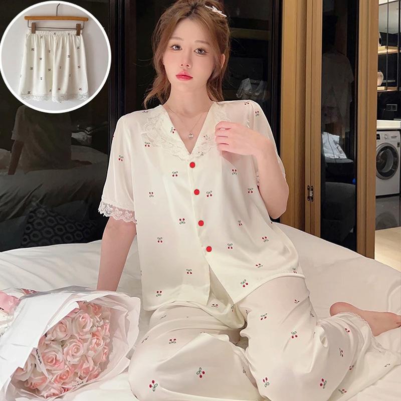 Sweet Princess Wind Bear Print Can Be Worn Outside Short-Sleeved Pajamas Loungewear Three-Piece Set