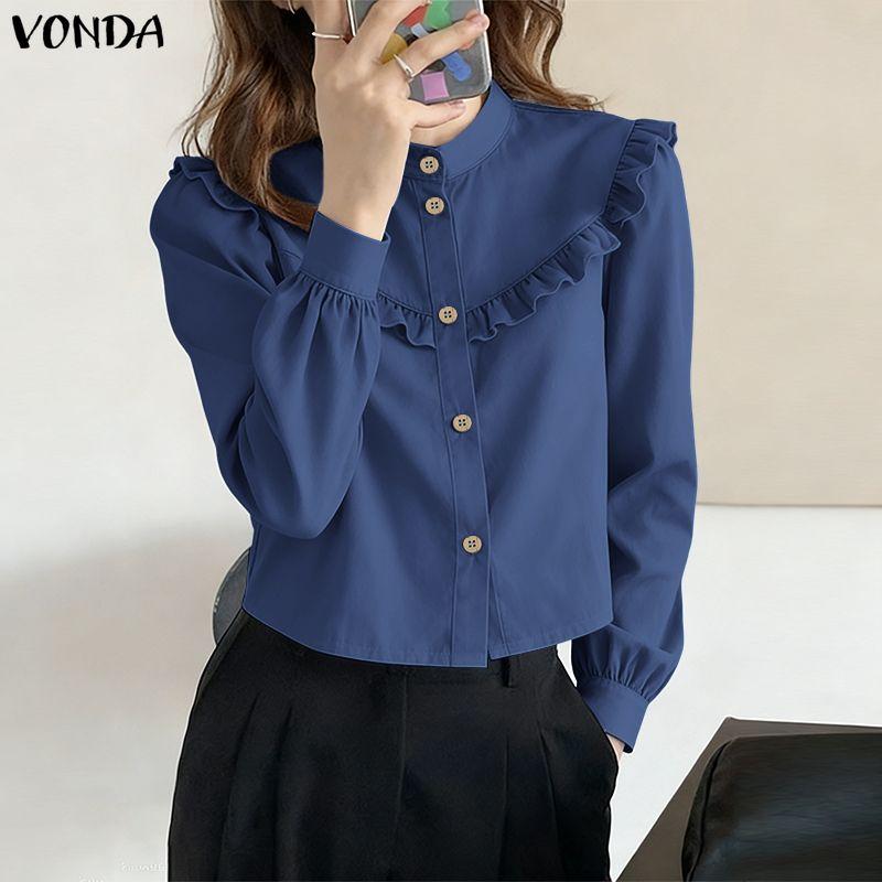 VONDA Elegant Women Long Sleeve Ruffled Plaid Blouse Shirts
