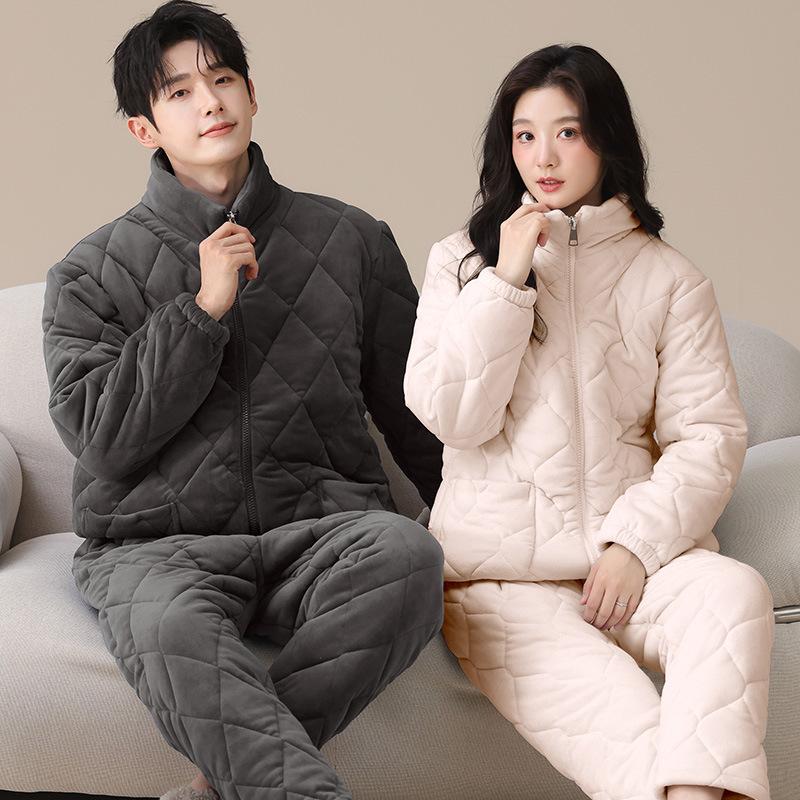Couple Pajamas Winter Padded Zipper Stand-Up Collar Warm Three-Layer Thickened Velvet Autumn And Winter Models Can Be Worn Outside Loungewear