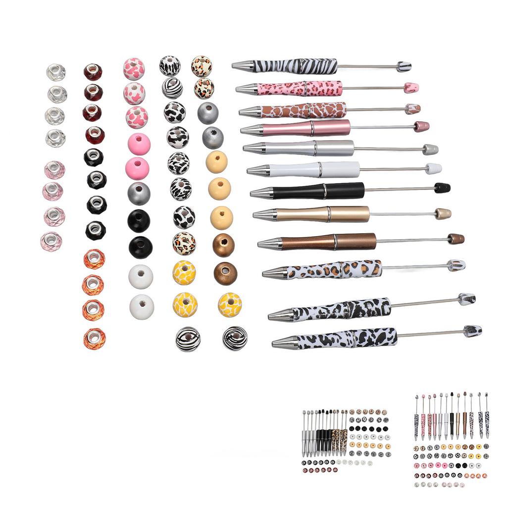 12 Sets Beadable Pens Kit Assorted Bead Pens Leopard Cow Print Bead Ballpoint Pen for Kids Stude
