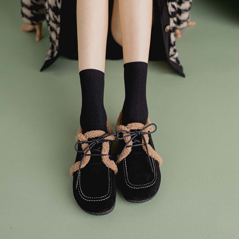 Krazing Pot Suede Fur Spring Autumn Winter Flats Lace Up Women Keep Warm Casual Shoes