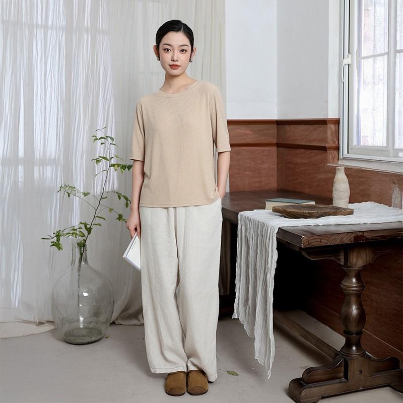 Johnature Women Knitted Spring T-Shirts O-Neck Half Solid Color Soft Female T-Shirts