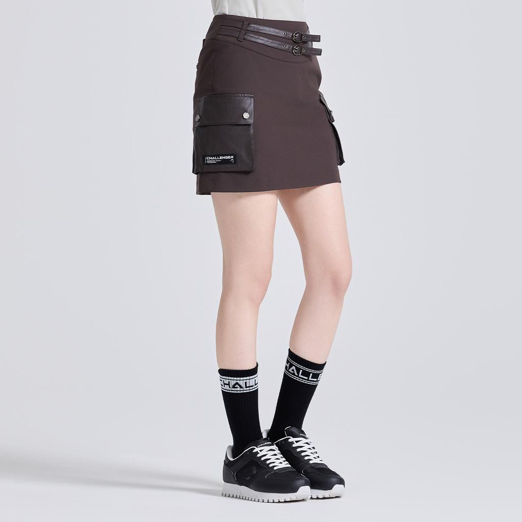 CHALLENGER Women'S Trendy Leather Belt Pocket H-Line Culotte Skirt Brown