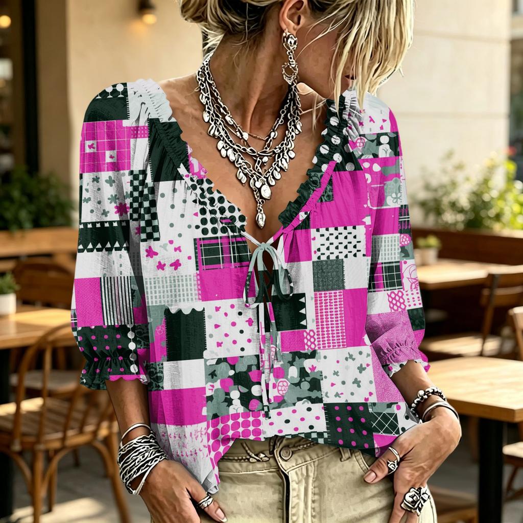Women's Casual Printed V-Neck Ruffle Tie Blouse
