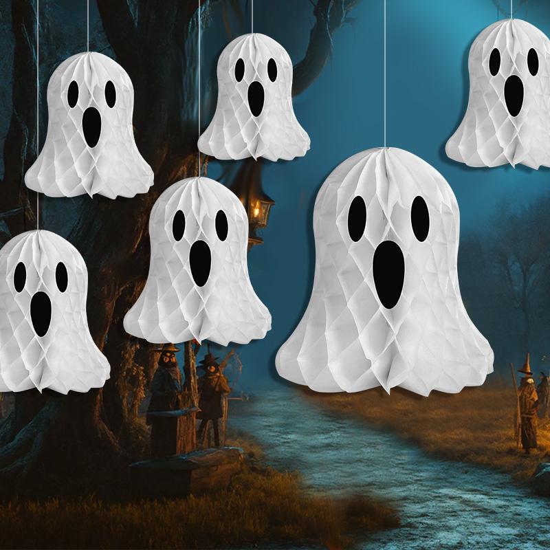 1SET Halloween Hanging Ornaments Ghost Honeycomb Paper Lanterns for Halloween Party Home Indoor Outdoor Yard Decorations Props