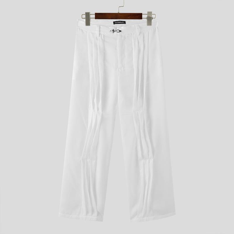 INCERUN Men Wide Leg Pants Casual Zipper Up Pleated Long Trousers