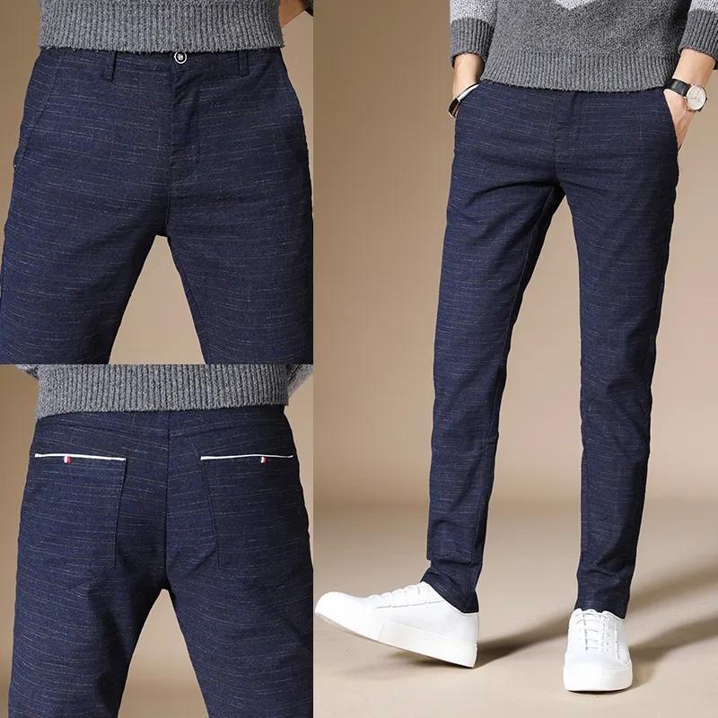 Pánské ležérní bavlněné plátěné kalhoty business kostkované kalhoty rovné tenké dlouhé kalhoty kancelářské kalhoty na jaro a podzim