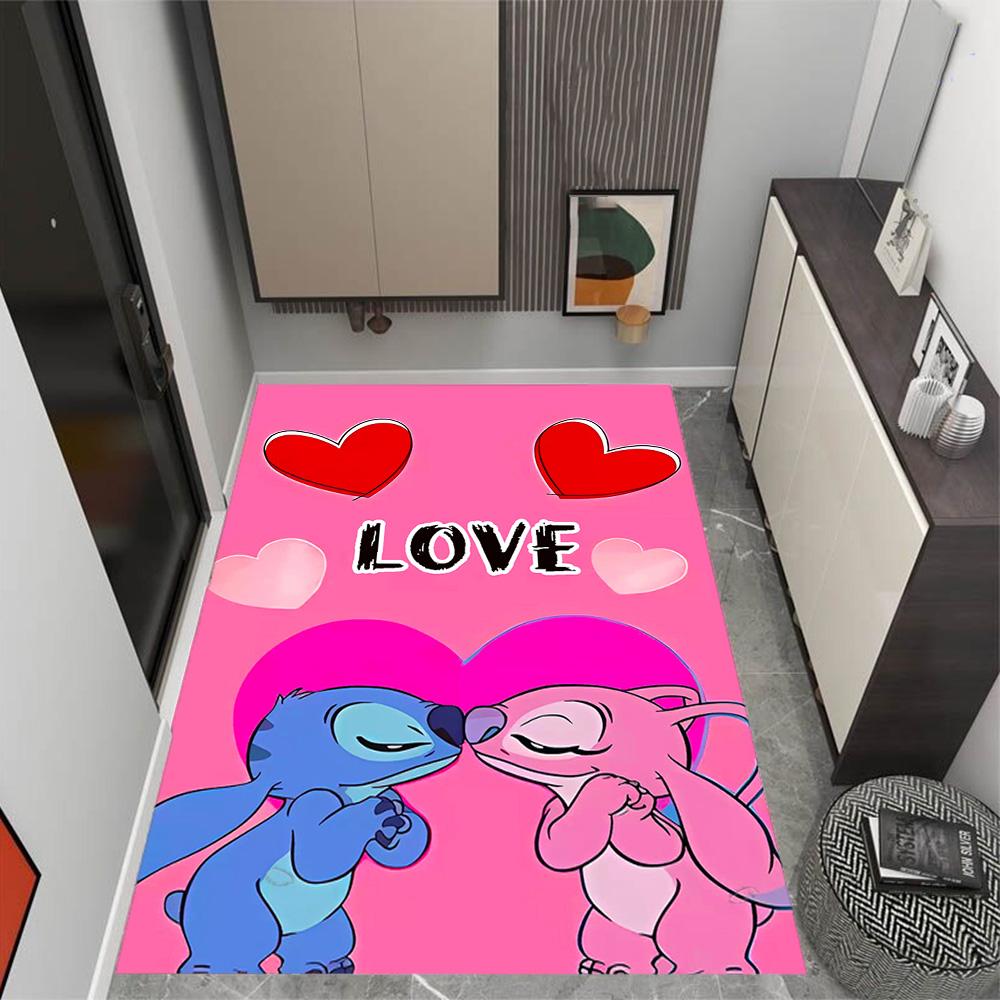 Stitch Adventure In Flowers Disney Cartoon Theme Anti-Slip Rug - Polyester, Home Decor, Suitable for Bedrooms, Living Rooms, Doorways, and Studios