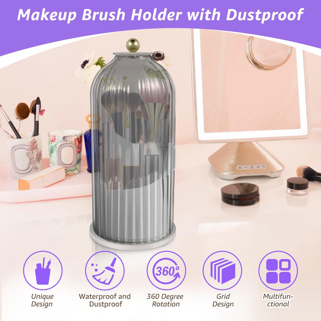 Makeup Brush Holder with Dustproof Cover 360 Rotating Make Up Brush Holder Organizer Compartmentalized Makeup Brush Organizer