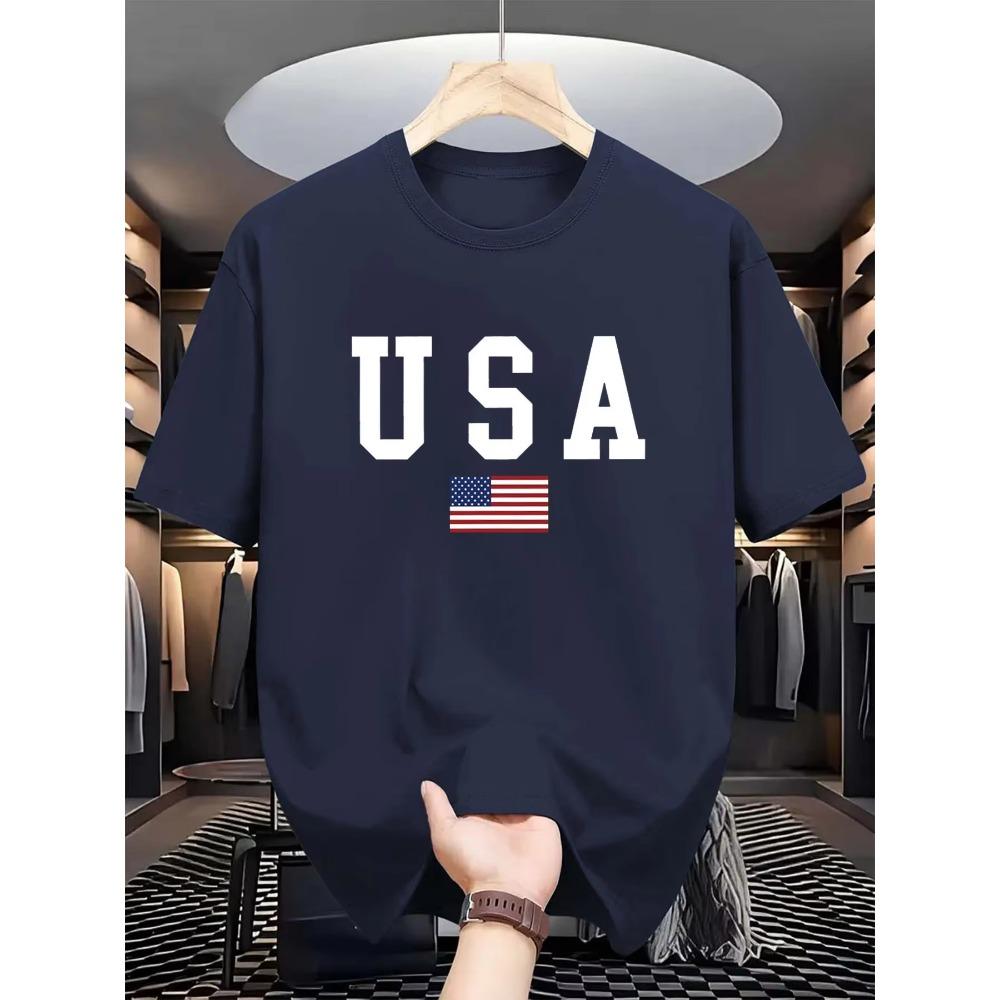 Men's Summer 100% Cotton Fashionable Casual Loose Fit USA American National Flag Graphic Round Neck Short Sleeved T-shirt Top