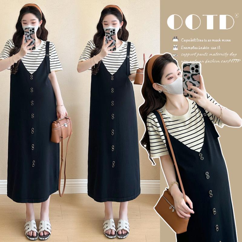 

2026 Trendy Maternity Patchwork Short-Sleeve Two-Piece Dress - Loose Fit for Belly Coverage 2XL