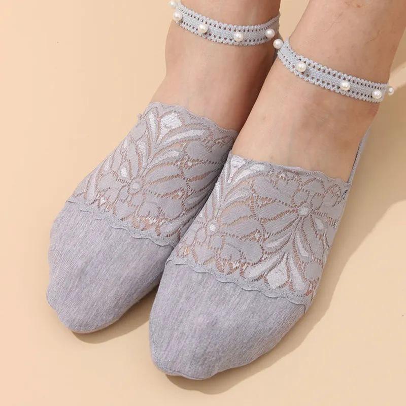 

Женские носки-подследники из жемчужного кружева - Невидимые, Тонкие, Универсальные хлопковые для лета One Size серый