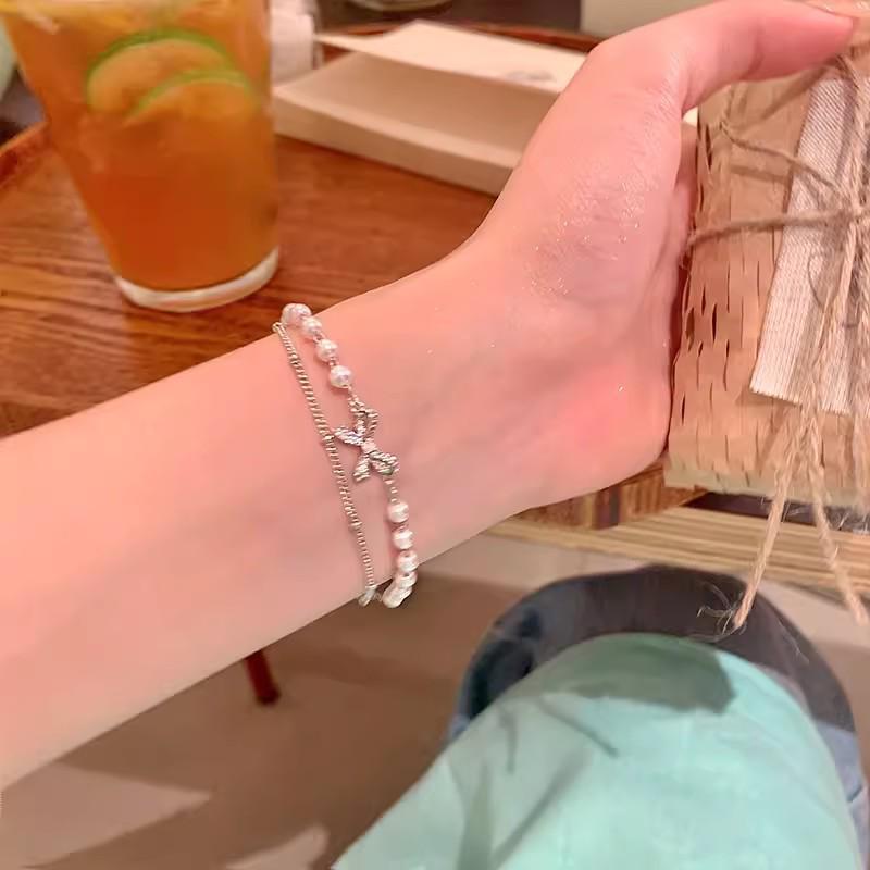 Korean Retro Pearl Titanium Steel Women's Bracelet - High-End Ins Style Beaded Bangle for Couples