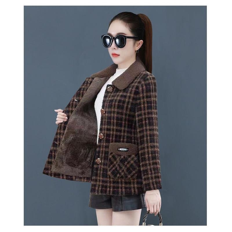 Women's Winter Plaid Woolen Coat With Fleece Lining Casual Lapel Button Jacket