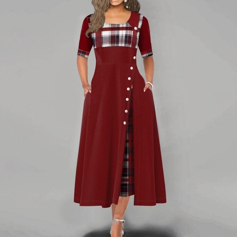 Women Fashion Casual Irregular Plaid Print Button Maxi Half Sleeve Round Neck Plus Size Party Dress