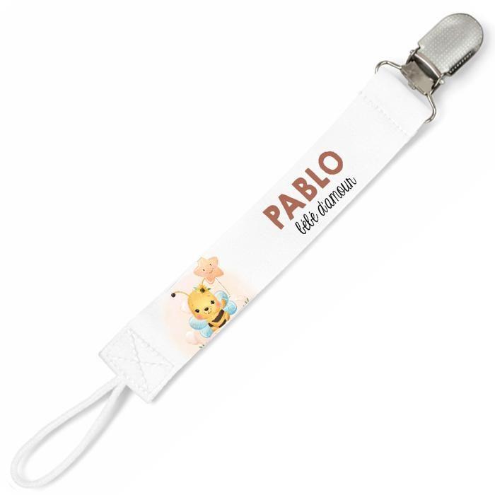 Planetee Attache tétine pour prénom PABLO bébé d'amour abeille garçon | Attache sucette cadeau naissance