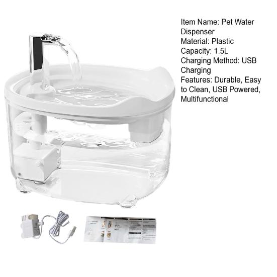 Automatic Cat Water Fountain Quiet Circulating Pet Drinking Bowl with Dual Filtration System USB Charging 1.5L BPA-Free Plastic Water Dispenser