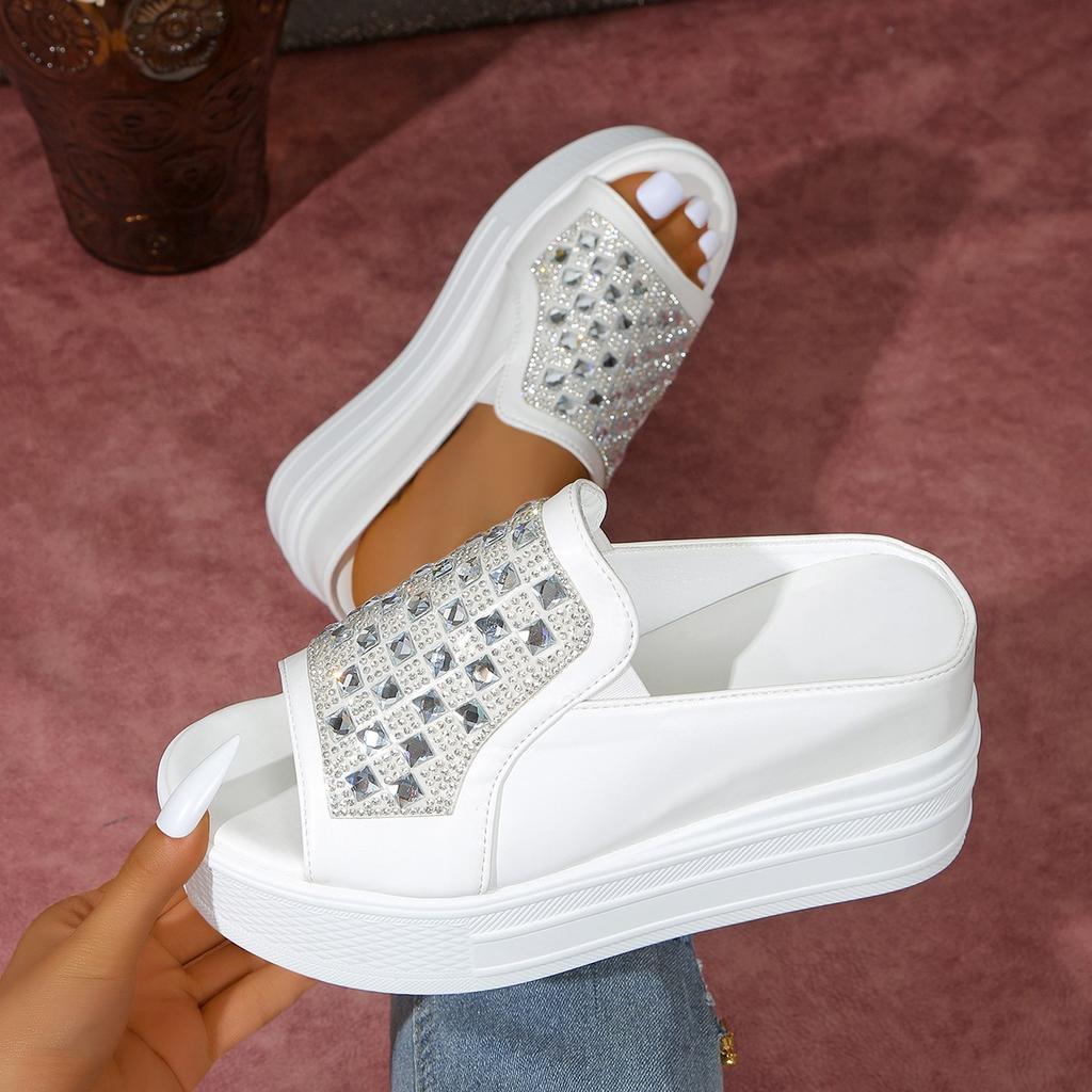 Fashion Aphixta White Wedge Heels Slippers Bling Crystal Design New Woman Shoes Mulers Platform Sandals Peep Toe Slides Plus Size 42