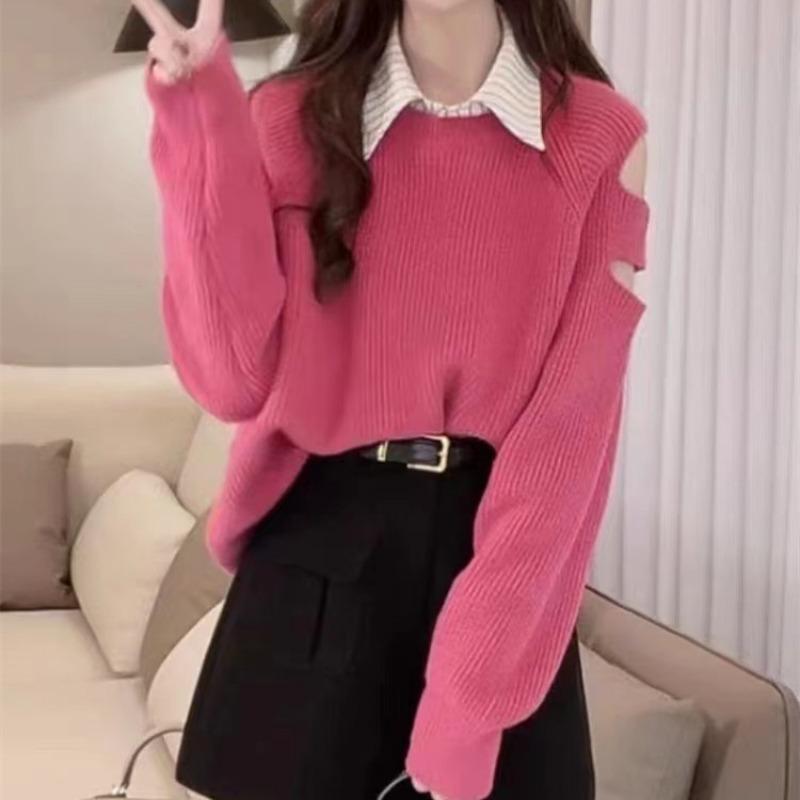 

Осень новый ленивый ветер дыра с открытыми плечами дизайн чувство длинный рукав свитер женский нишевый свободный базовый вязаный свитер топ 0365 average size