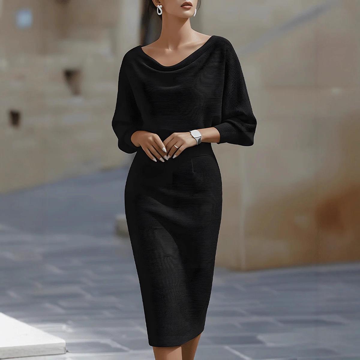 

Pleated Batwing Sleeve Midi Dress 2X Large чорний