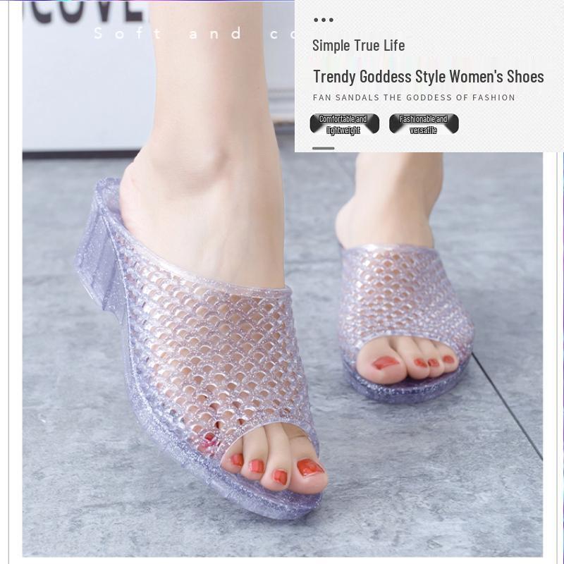 Women's Summer Crystal Wedge Slippers - Non-slip, Odor-proof, Thick Sole Transparent Sandals for Outdoor Wear