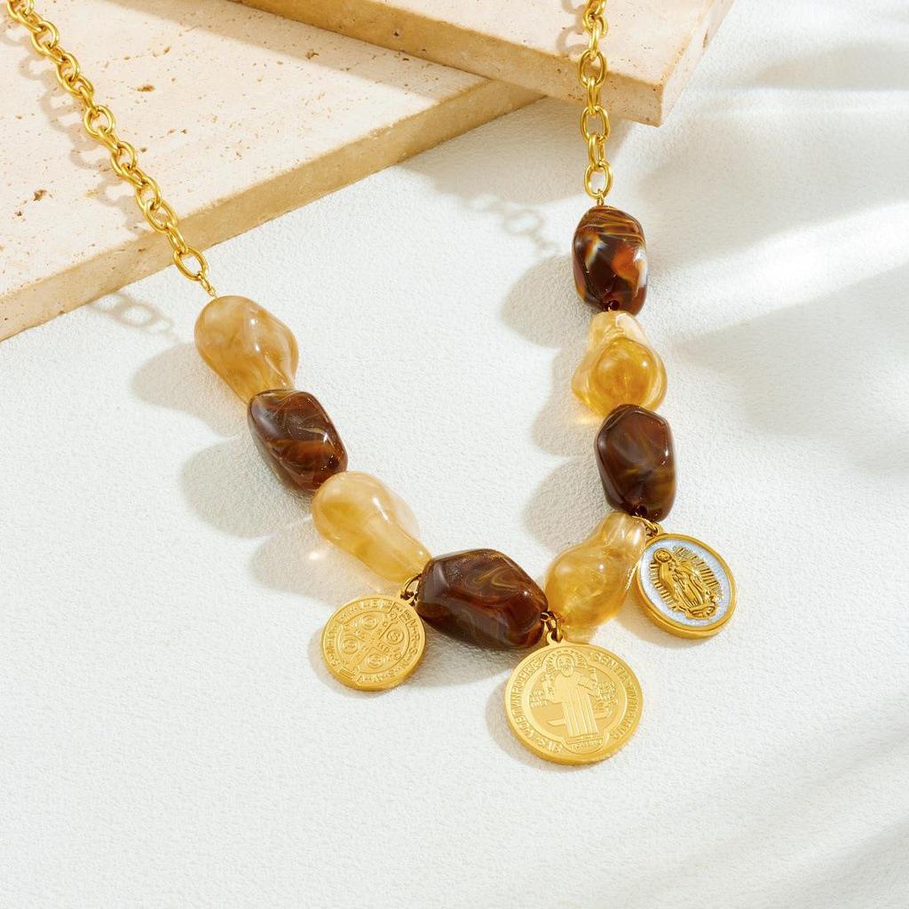 Retro High-End Color Block Resin Beaded Gold-Plated Enamel Oval Portrait Jewelry Set