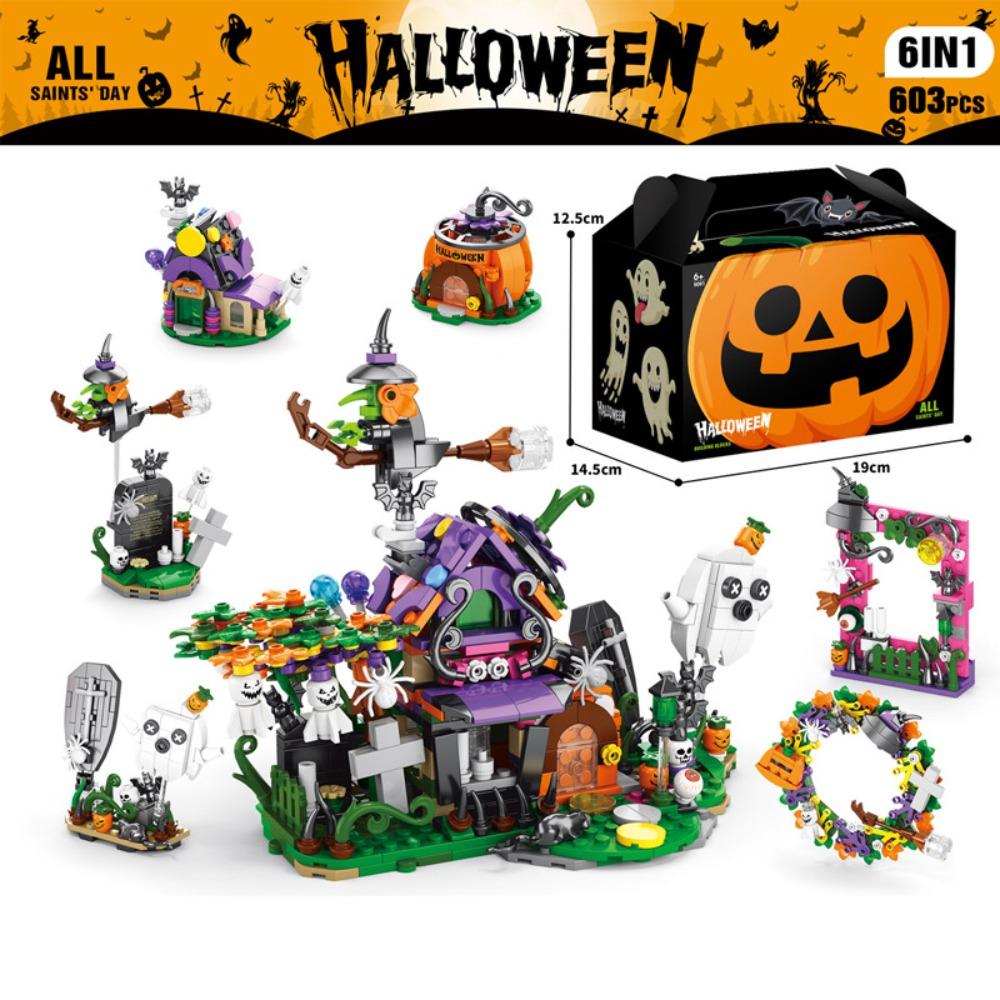 6 In 1 Creative Moc Halloween Building Blocks Diy Halloween Haunted House Pumpkin Lantern Candy House Train Toys Gifts For Kids