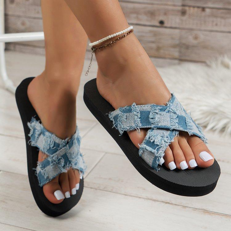 2024 Women's Large-Size Cross-Strap Denim Plaid Casual Beach Sandals