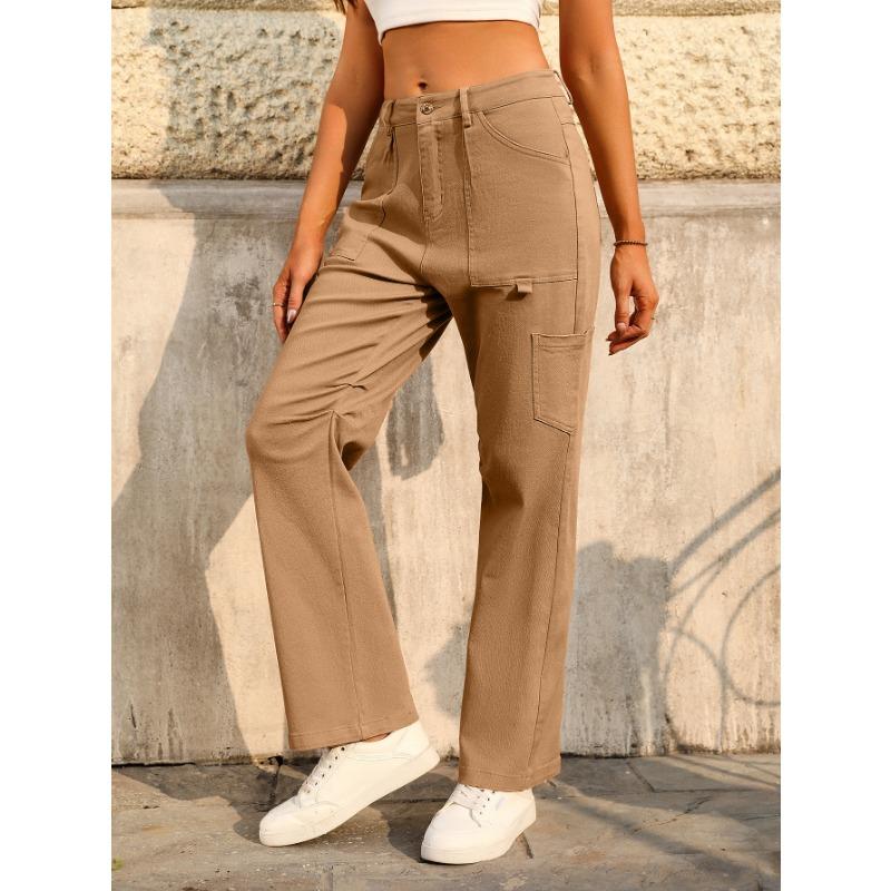 Damen lockere lässige High-Waist gerade Hosen mit sechs Taschen Cargo-Hosen