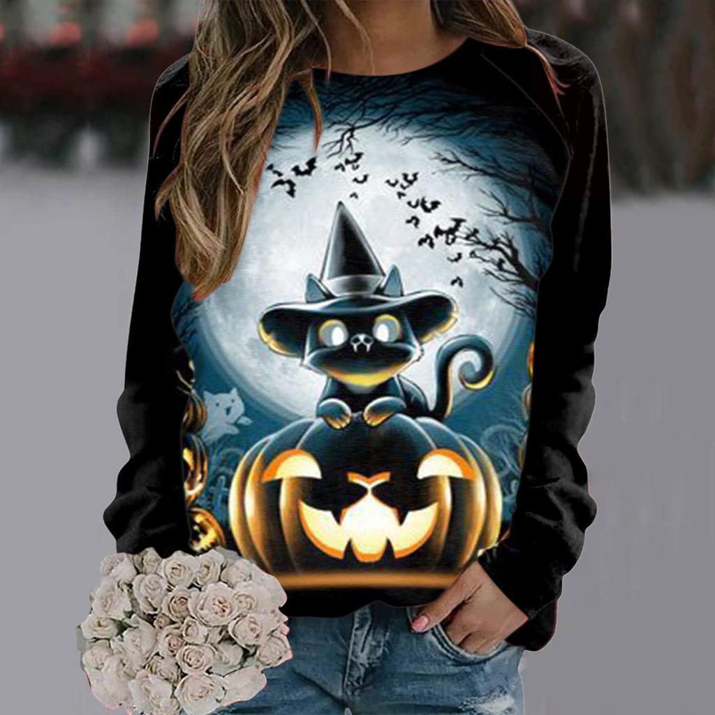Round Neck Long Sleeved Color Blocked Women's Clothing 3D Printing Halloween Pumpkin Castle Dark Pattern Women Pullover