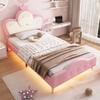 Upholstered Bed, Children's Bed, with Soft Protective Edges, Monochrome LED Strip, Headboard with Crown, Single Bed, PU, Pink+White, 90x200CM