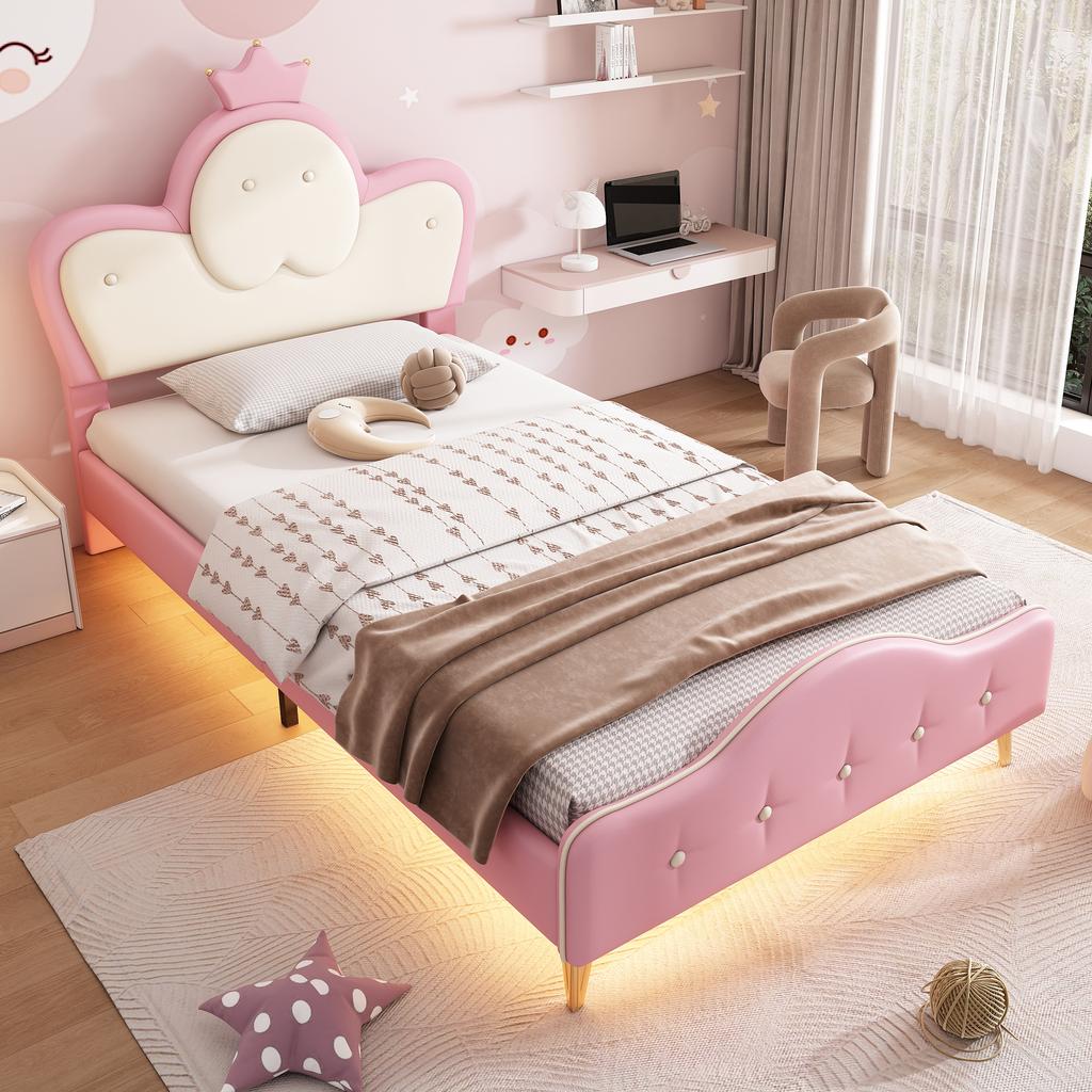 Upholstered Bed, Children's Bed, with Soft Protective Edges, Monochrome LED Strip, Headboard with Crown, Single Bed, PU, Pink+White, 90x200CM
