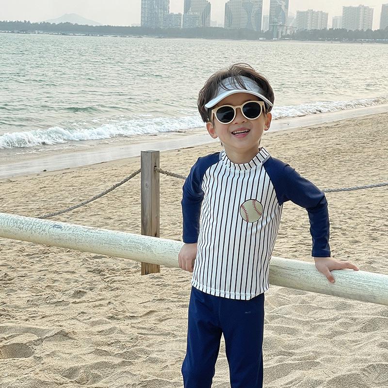 Kids' Korean Style Striped Baseball Swimsuit Set