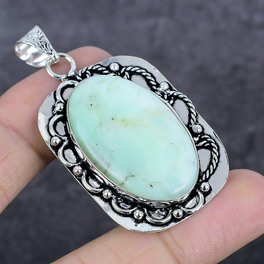 Natural Chrysoprase Gemstone 925 Sterling Silver Jewelry Pendant 2.25" K9u65