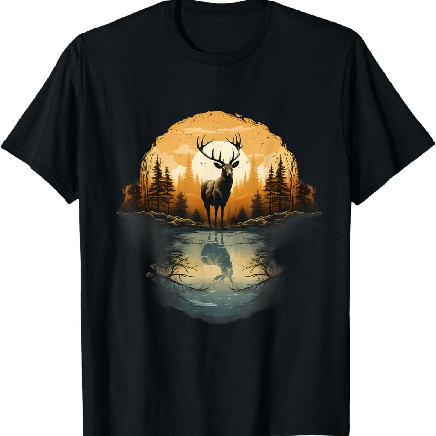 Deer Landscape Artwork Motif Animal Lovers Nature Wildlife T-Shirt S