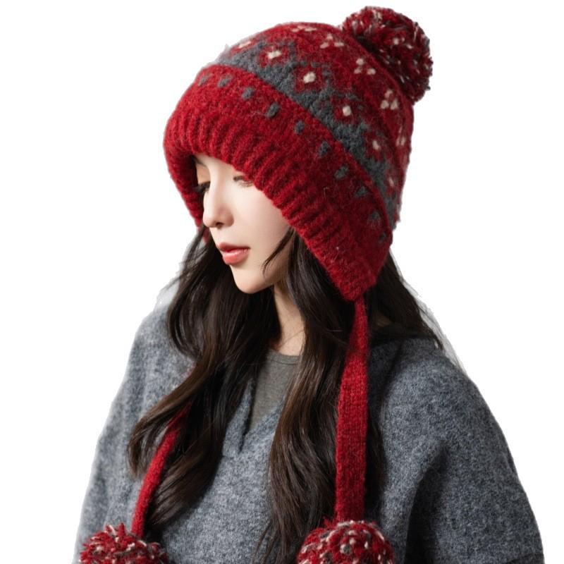 Berretto Invernale da Donna in Maglia Fair Isle con Paraorecchie Cappello Caldo Antivento per Uso Esterno Casual