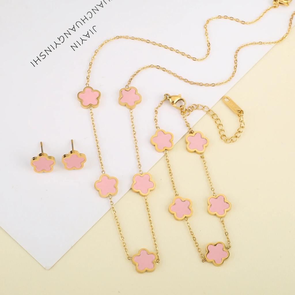 High-Quality Stainless Steel Five-Leaf Flower Set Bracelet Necklace Earrings Simple For Woman Party Birthday Zircon Gift Clover