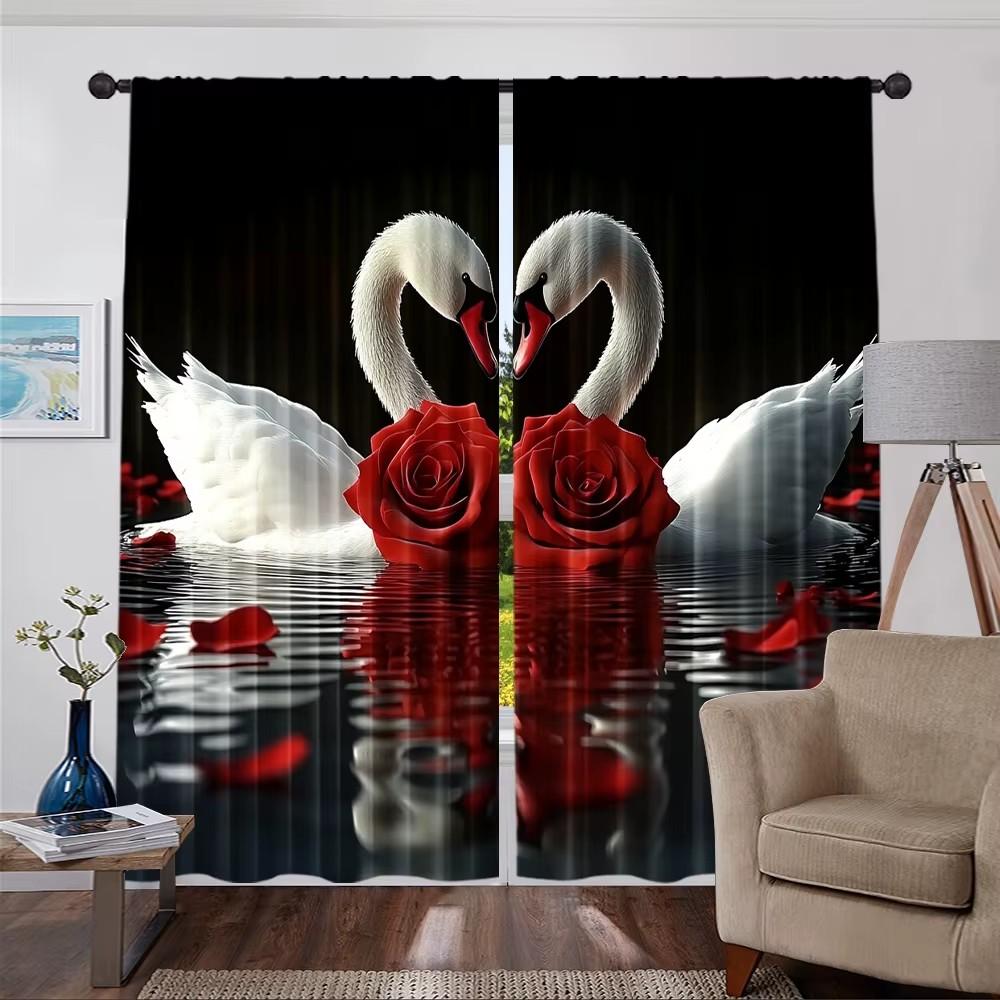 Romantic Swan Red Rose Print Curtains Flat Perfect Valentine Day Bedroom Living Room Window Decoratio Set Of 2 Made Polyester Great Decor