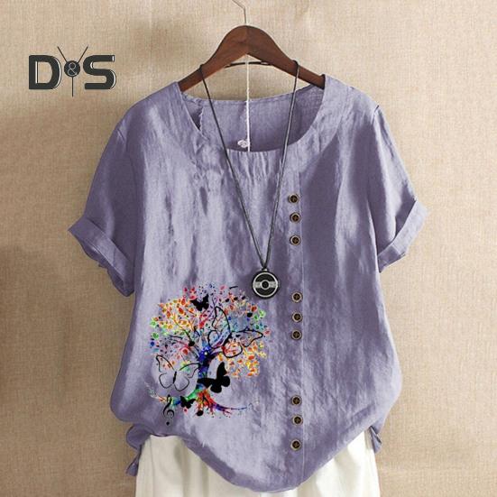 

Женская летняя футболка с короткими рукавами и круглым вырезом, пуловер с пуговицами, декор с принтом дерева, винтажный стиль, женский топ