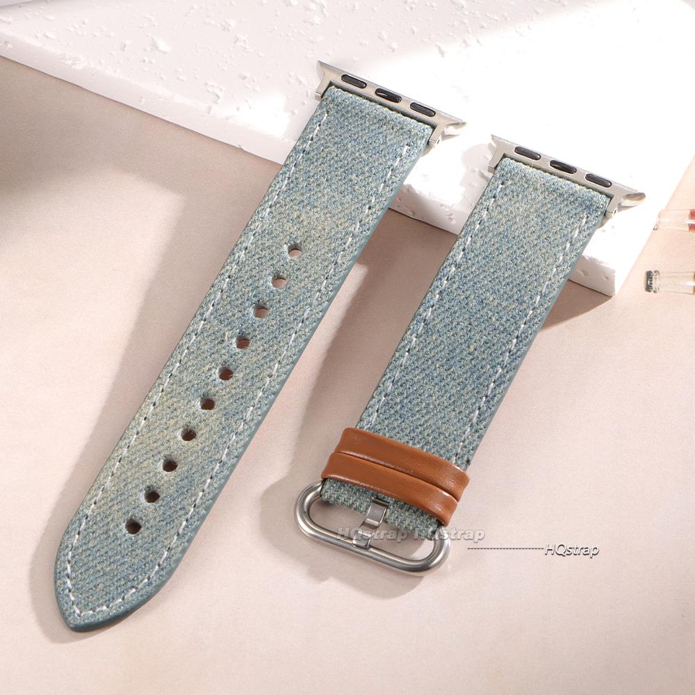 

Leather Strap for Apple Watch Band 40mm 41mm 38mm 42mm 44mm 45mm 49mm Sailcloth Denim Bracelet for IWatch Series 10 9 8 7 SE 6 5 45mm 49mm синій