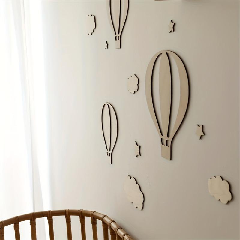 13pcs Nordic Wooden Wall Decals Set Featuring Hot Air Balloon Clouds and Stars for Home Bedroom Cottage Decor DIY Room Banners