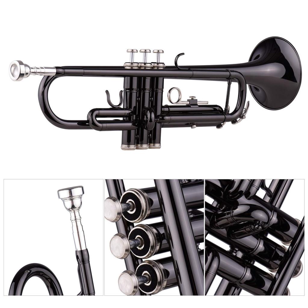 Brass Plated Black Bb Trumpet Set for Beginners and Students with Hard Polishing Cloth Trumpet, Case, Strap, Mouthpiece, Gloves,
