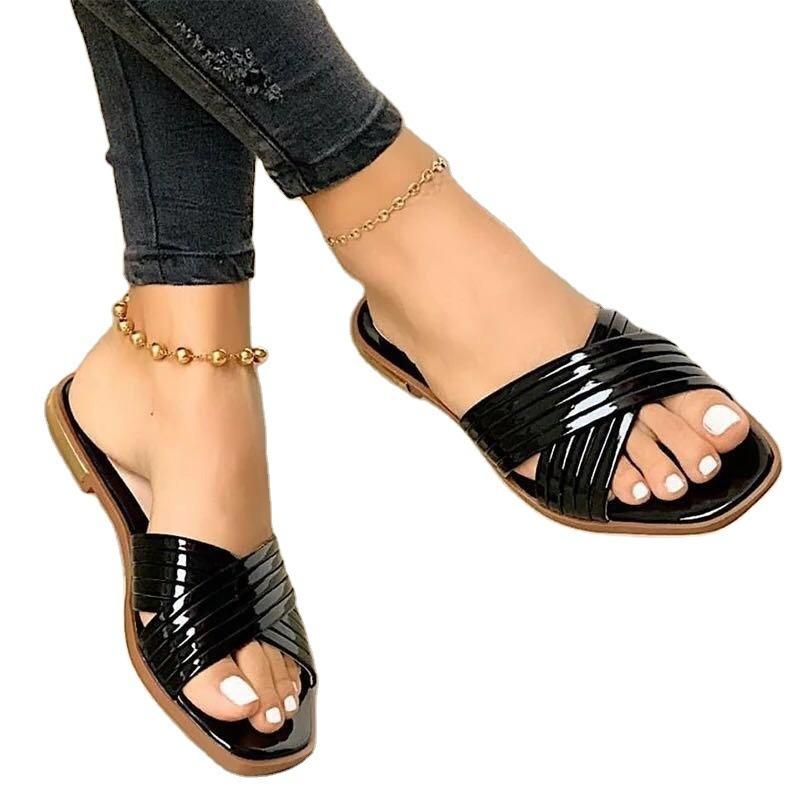 Large Size Slippers Women Wish Summer New Comfortable Outer Wear Patent Leather Casual Flat Slippers