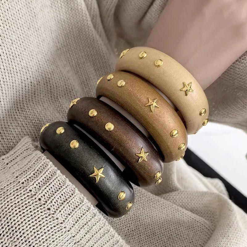DIEZI Punk Fashion 4 Colors Round Wood Bangles Fashion Vintage Hip Hop Geometric Star Wide Bangle Bracelet For Women Men Jewelry